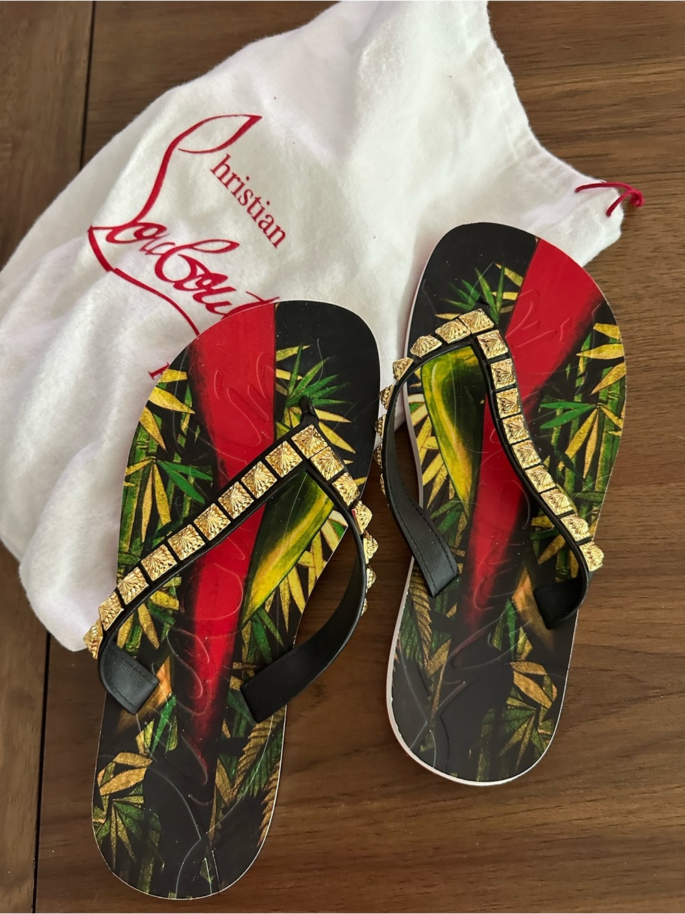 Christian Louboutin Black and Red Embellished Flip Flop Sandals